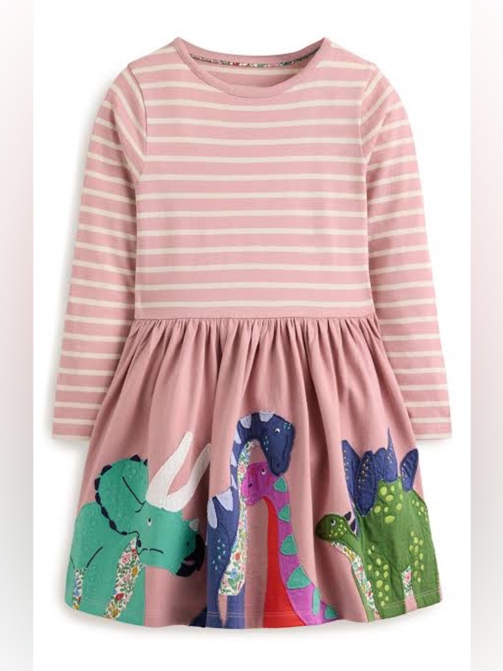 Mini Boden Pink Stripe and Dino Appliqué Dress 4-5Y